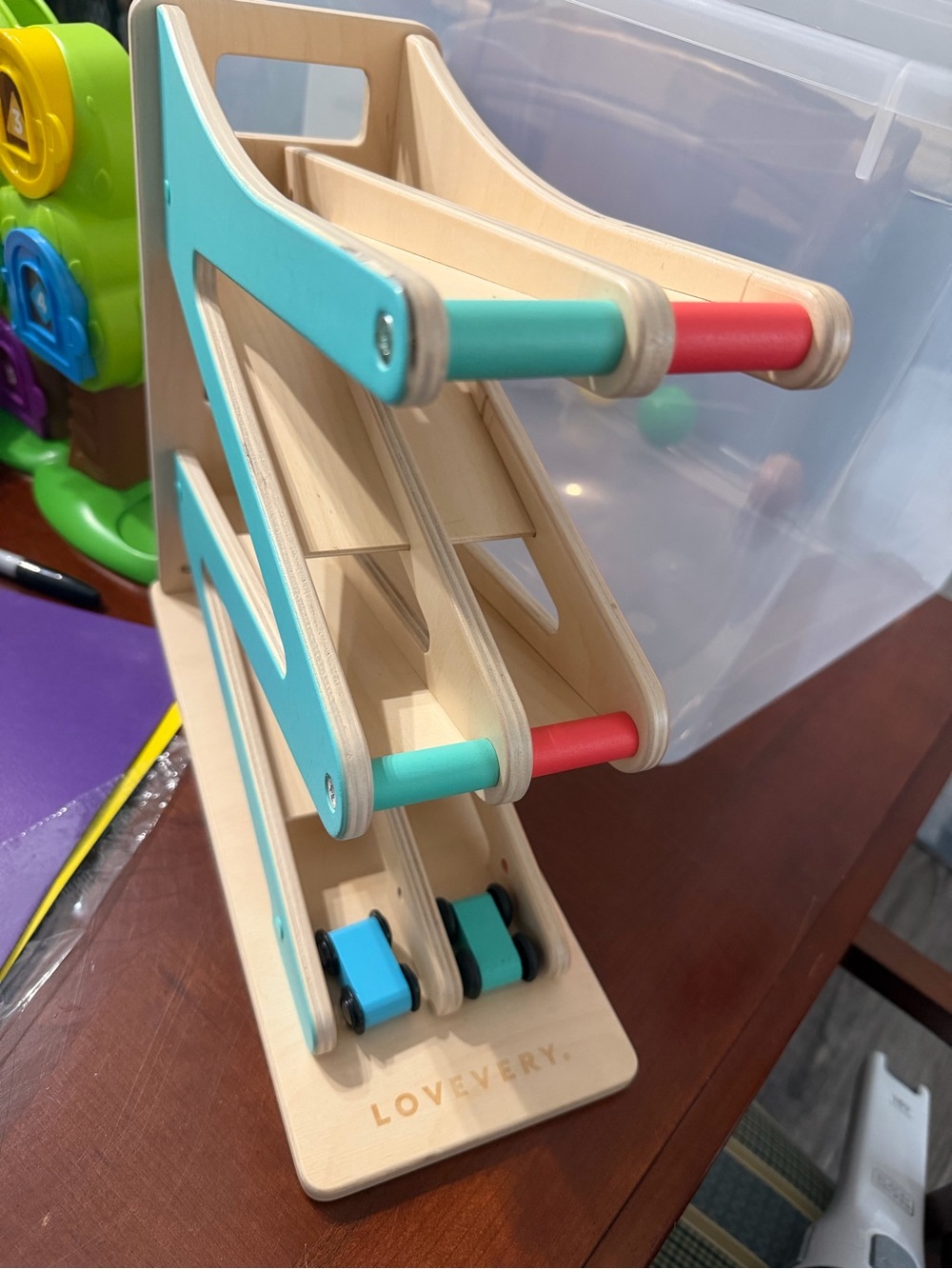 Lovevery Kids Wooden Car Ramp Toy - Turquoise & Red